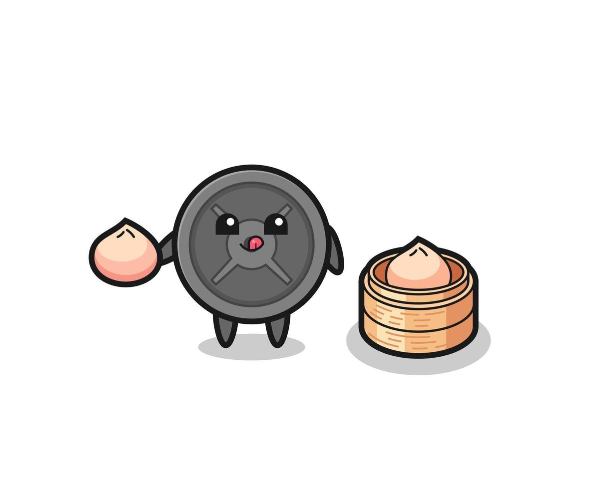 cute barbell plate character eating steamed buns vector