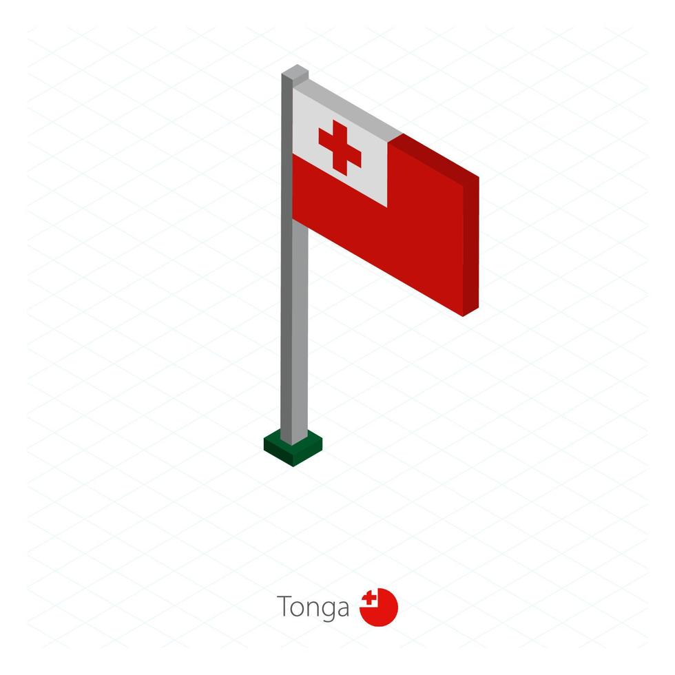 bandera de tonga en asta de bandera en dimensión isométrica. vector