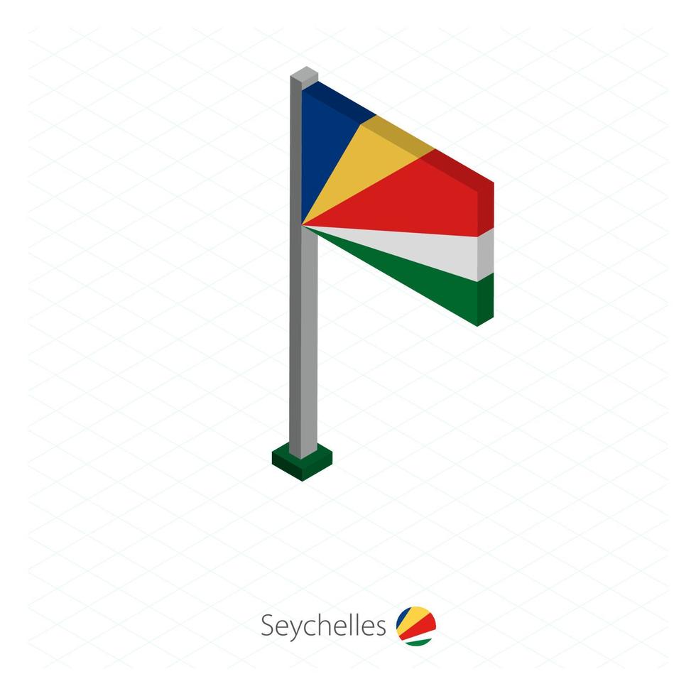 bandera de seychelles en asta de bandera en dimensión isométrica. vector