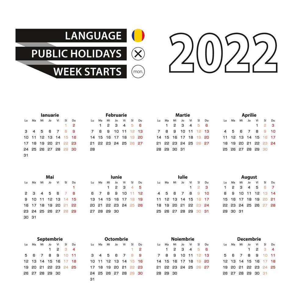 calendario 2022 en rumano, la semana comienza el lunes. vector