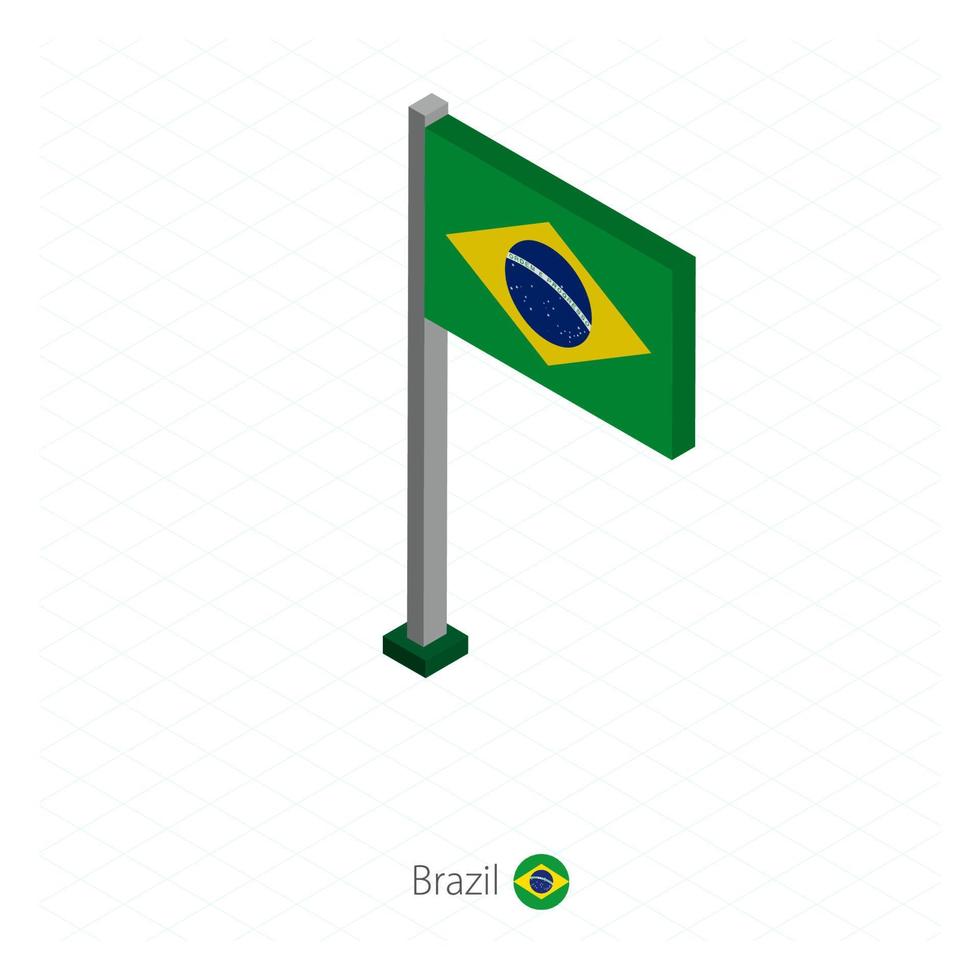 bandera de brasil en asta de bandera en dimensión isométrica. vector