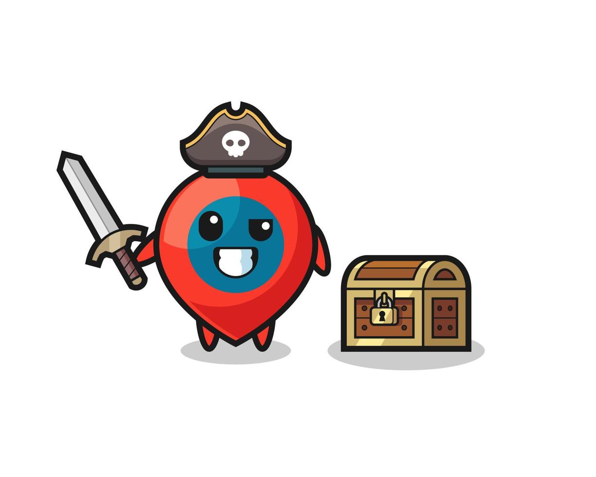 the location symbol pirate character holding sword beside a treasure box vector