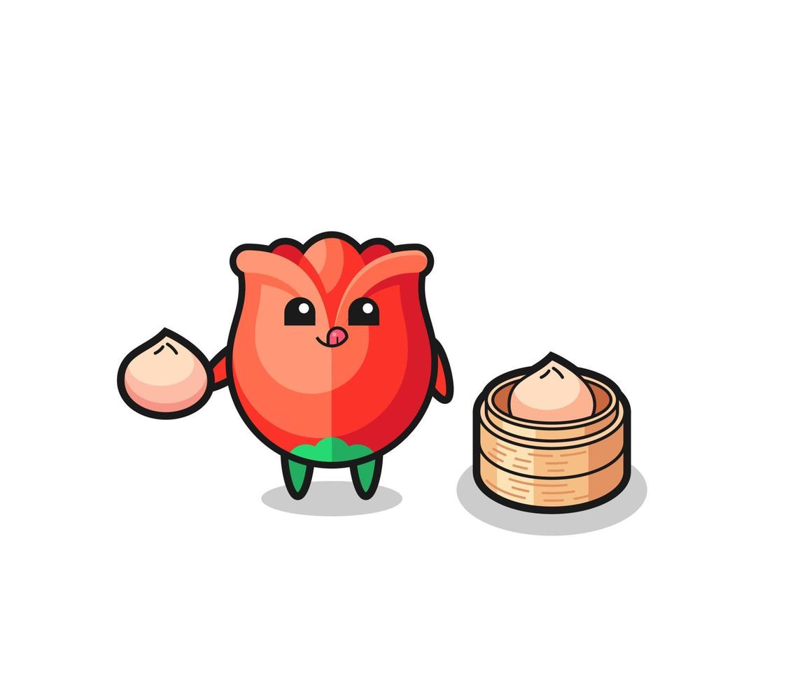 cute rose character eating steamed buns vector