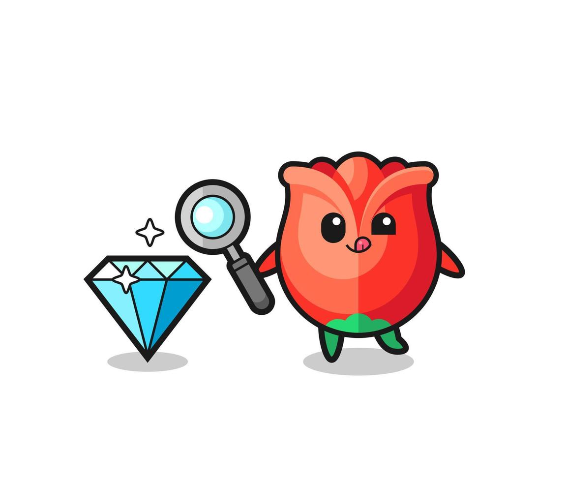 rose mascot is checking the authenticity of a diamond vector