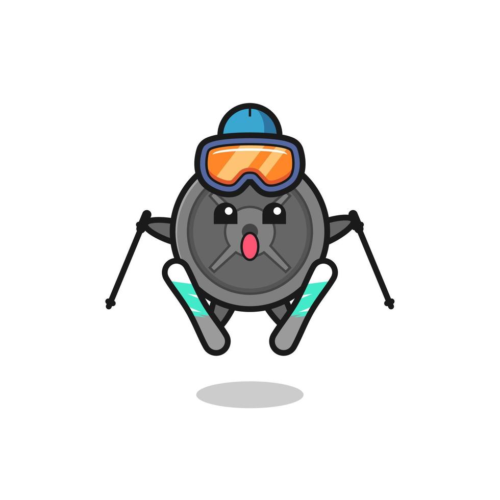 barbell plate mascot character as a ski player vector