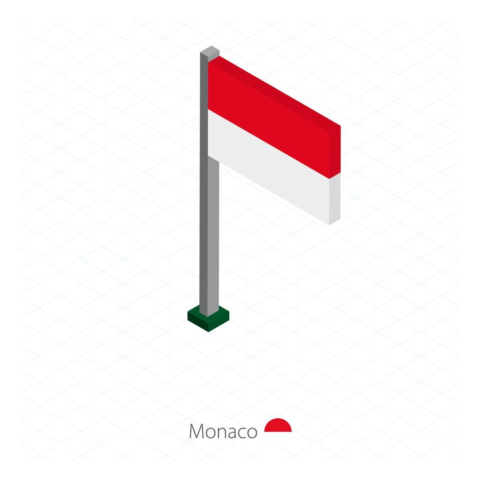 bandera de mónaco en asta de bandera en dimensión isométrica. vector