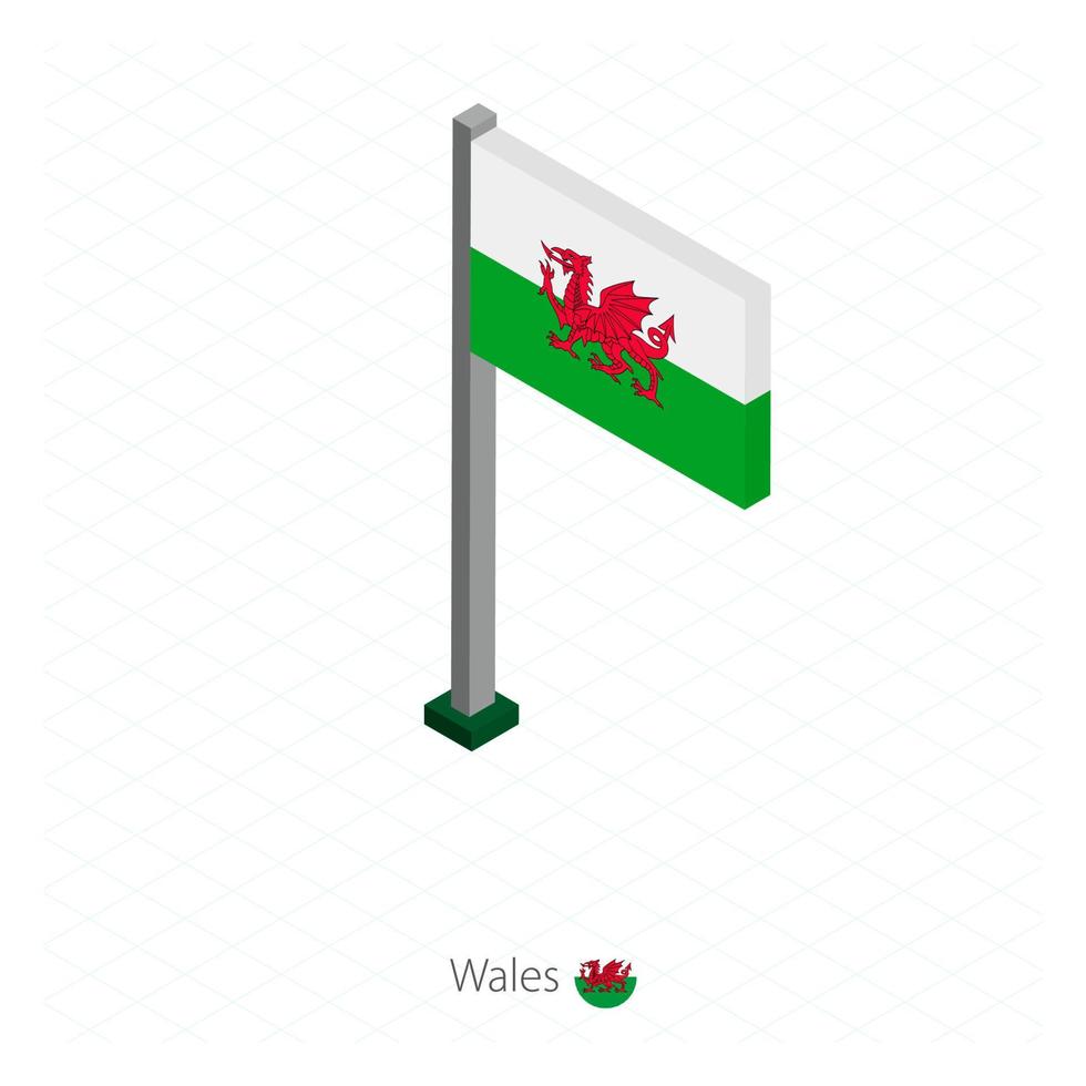 Wales Flag on Flagpole in Isometric dimension. vector