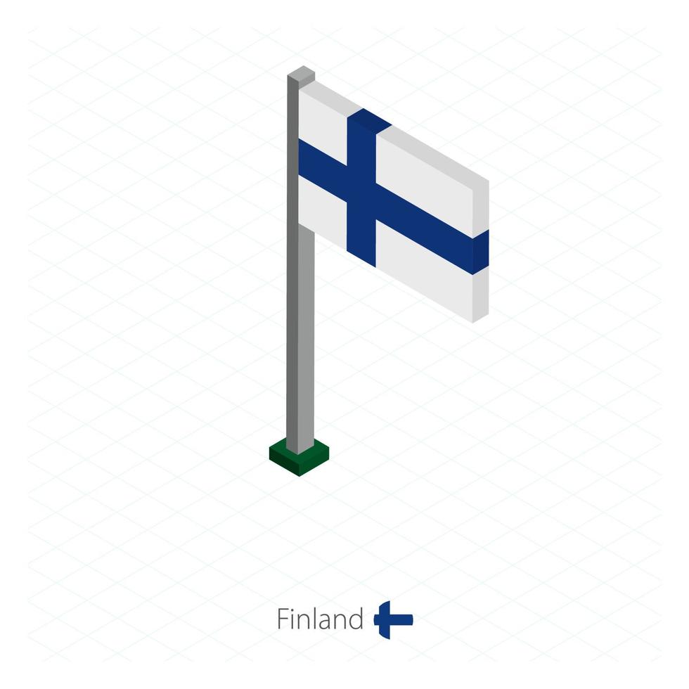 bandera de finlandia en asta de bandera en dimensión isométrica. vector