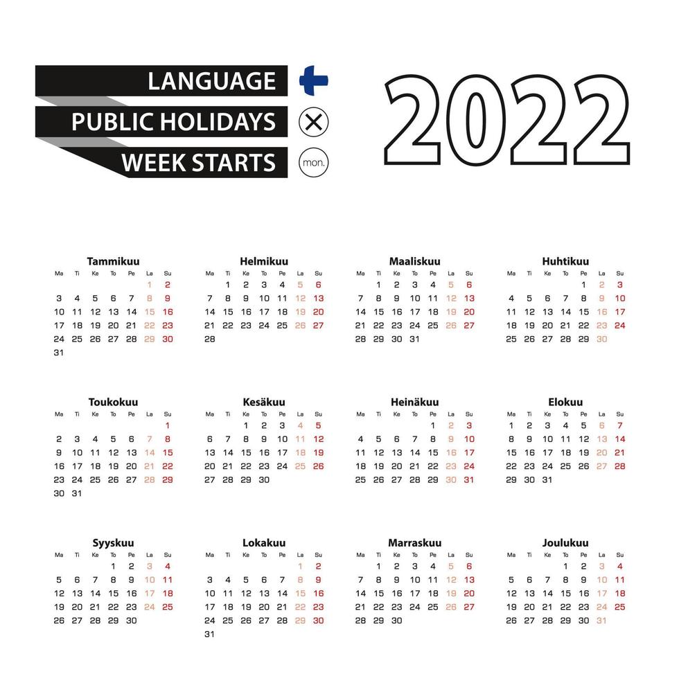 Calendar 2022 in Finnish language, week starts on Monday. vector