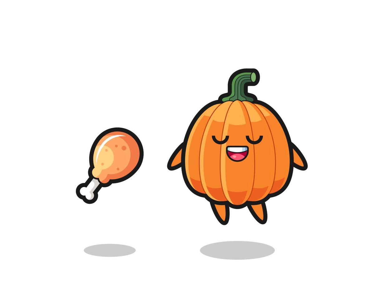 cute pumpkin floating and tempted because of fried chicken vector