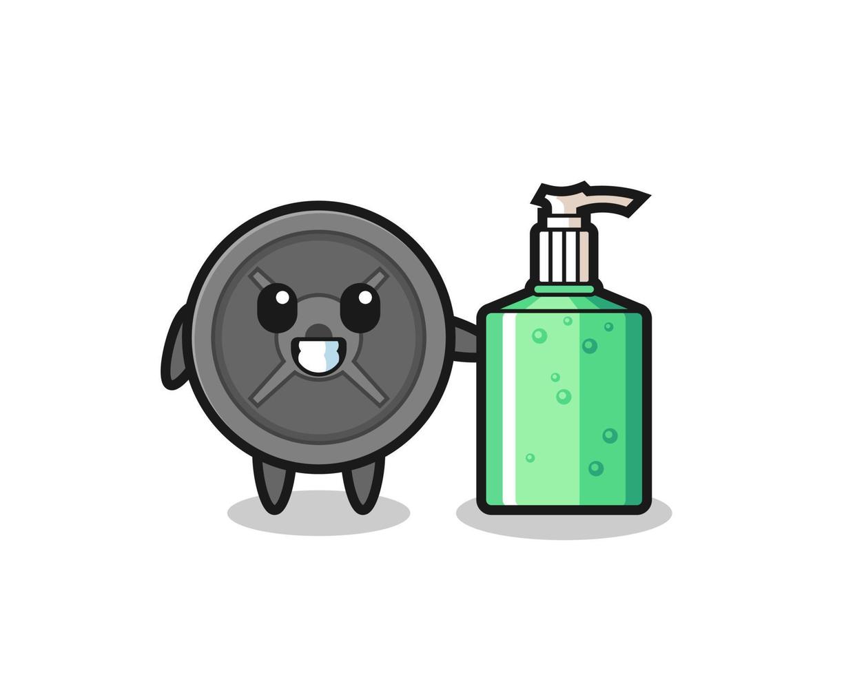cute barbell plate cartoon with hand sanitizer vector