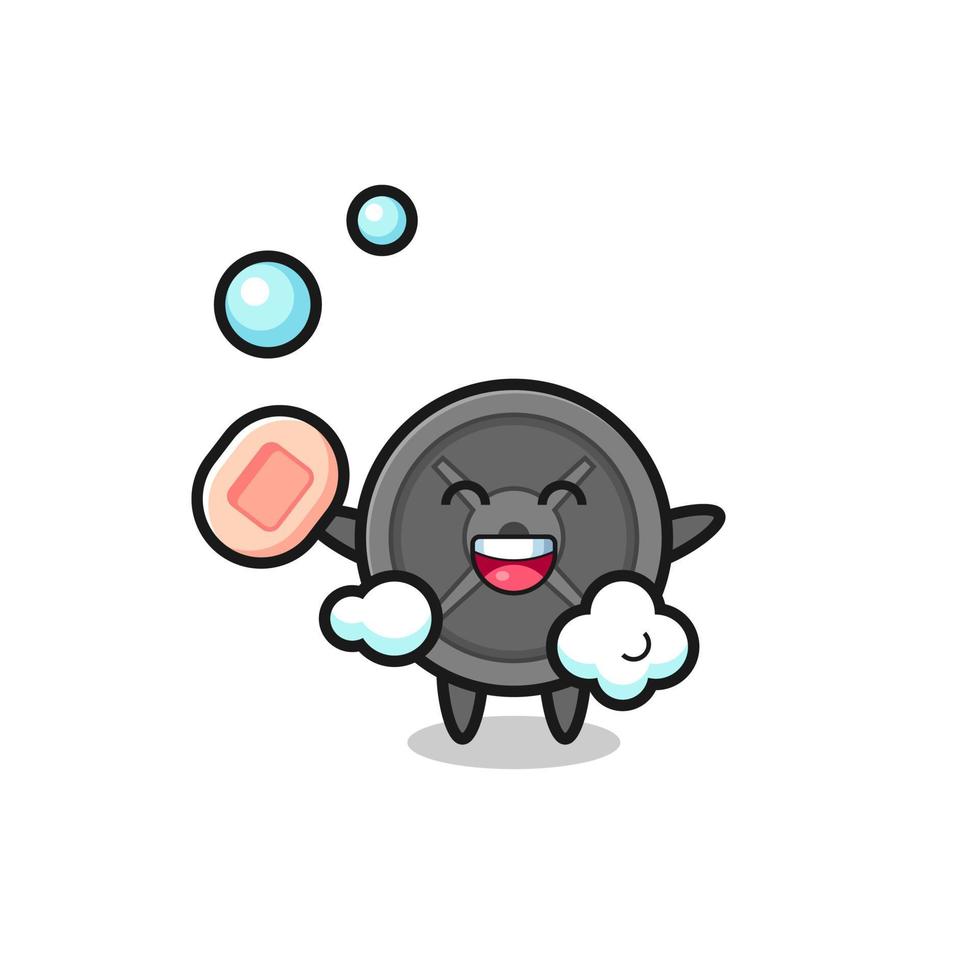 barbell plate character is bathing while holding soap vector