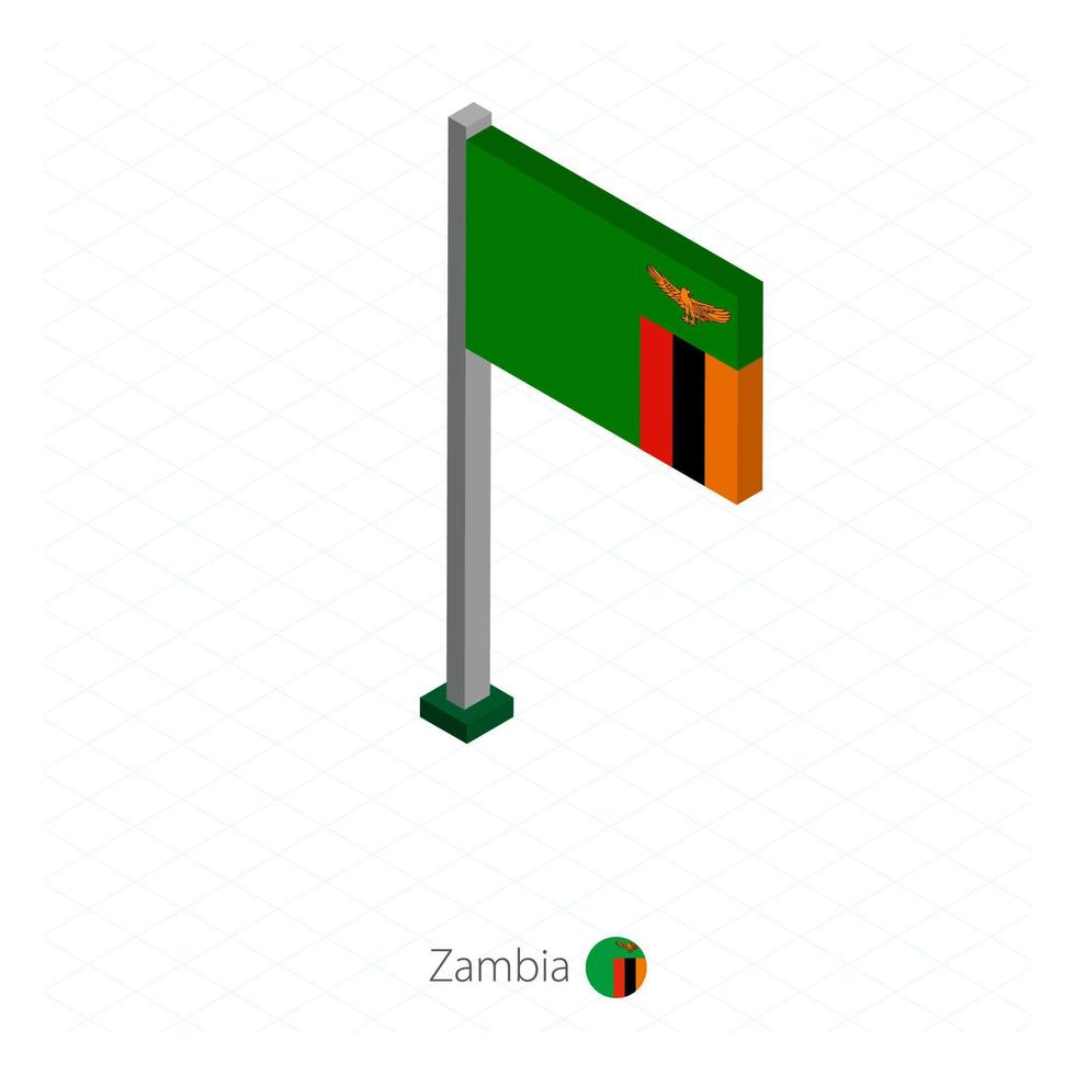 bandera de zambia en asta de bandera en dimensión isométrica. vector