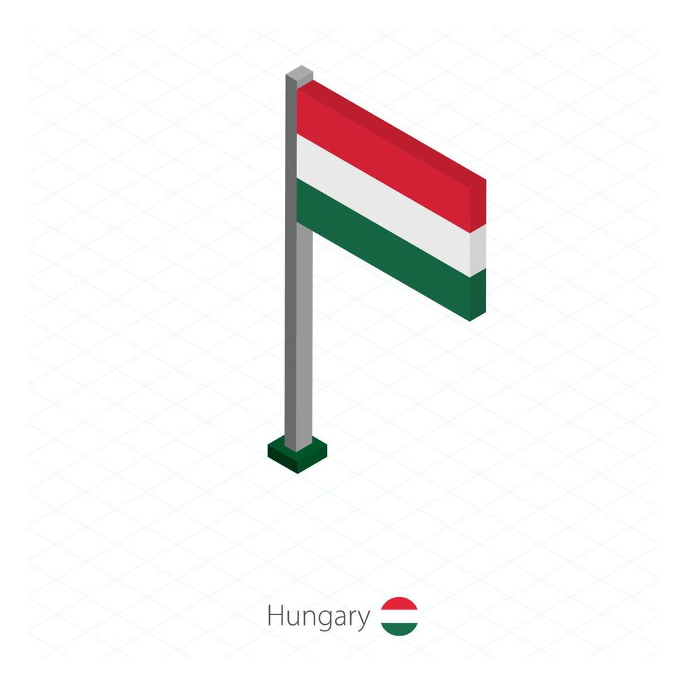 bandera de hungría en asta de bandera en dimensión isométrica. vector