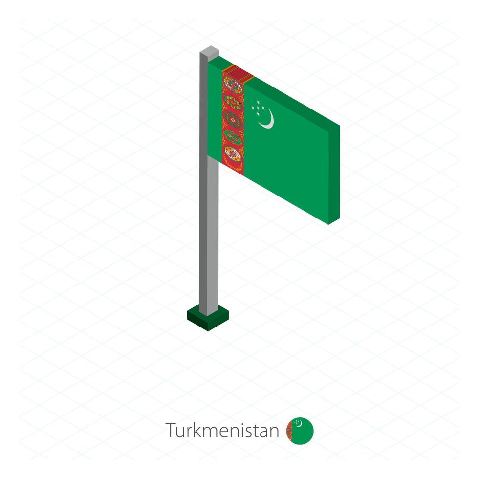 bandera de turkmenistán en asta de bandera en dimensión isométrica. vector