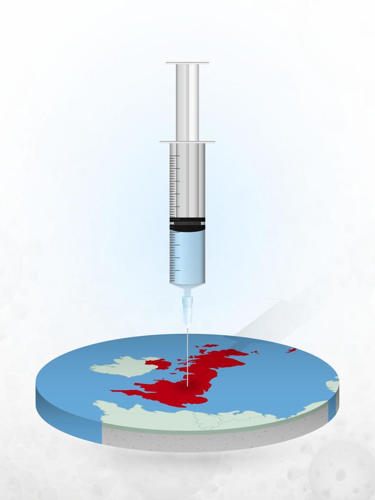 Vaccination of United Kingdom, injection of a syringe into a map of United Kingdom. vector