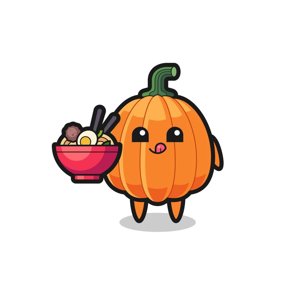 cute pumpkin character eating noodles vector