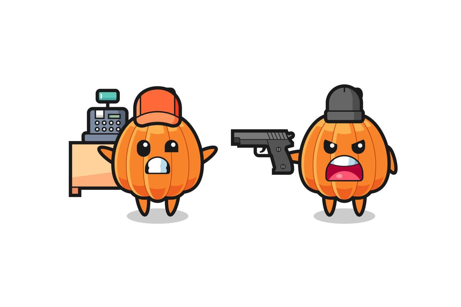 illustration of the cute pumpkin as a cashier is pointed a gun by a robber vector