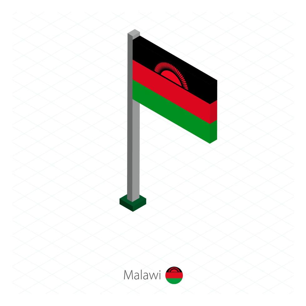 bandera de malawi en asta de bandera en dimensión isométrica. vector