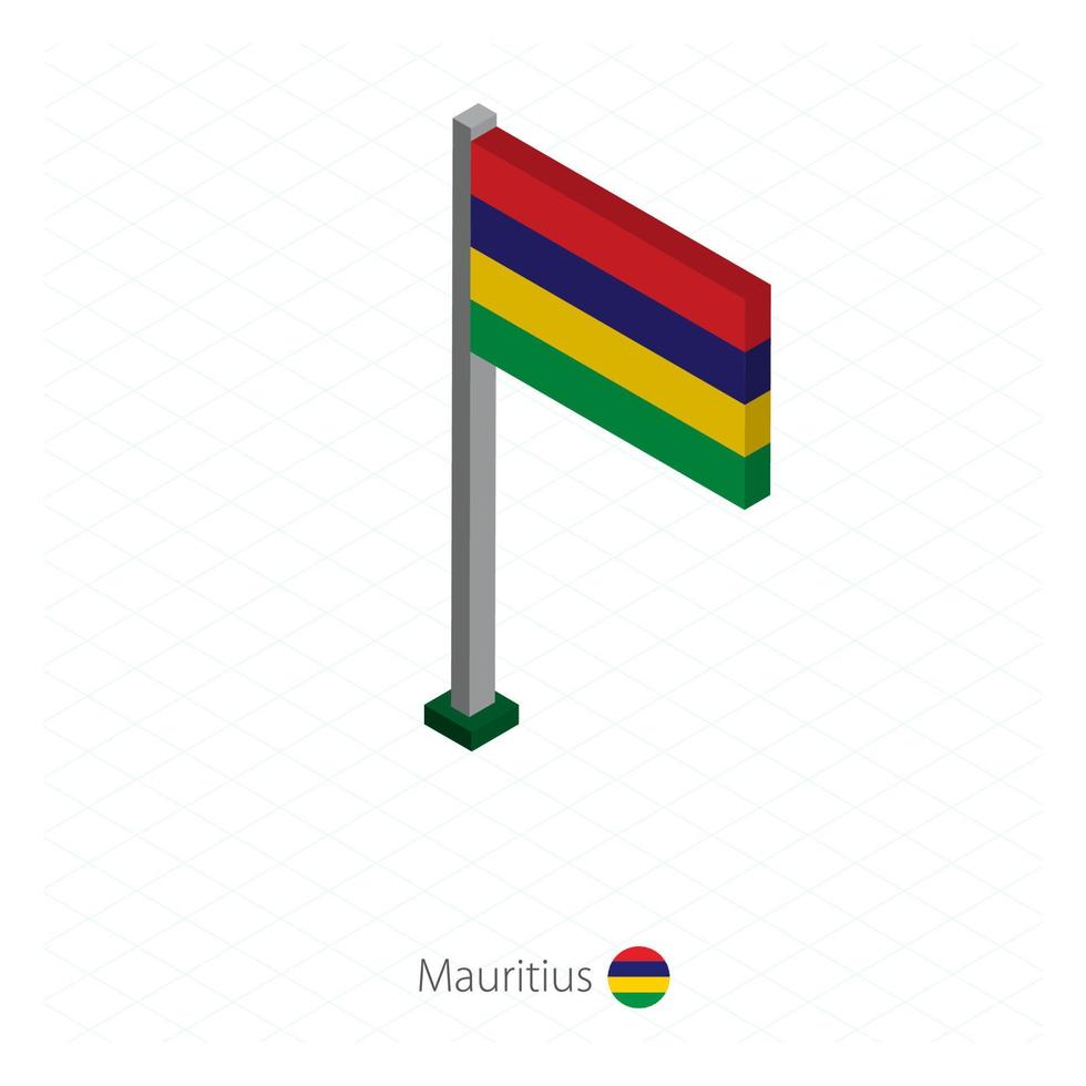 bandera de mauricio en asta de bandera en dimensión isométrica. vector