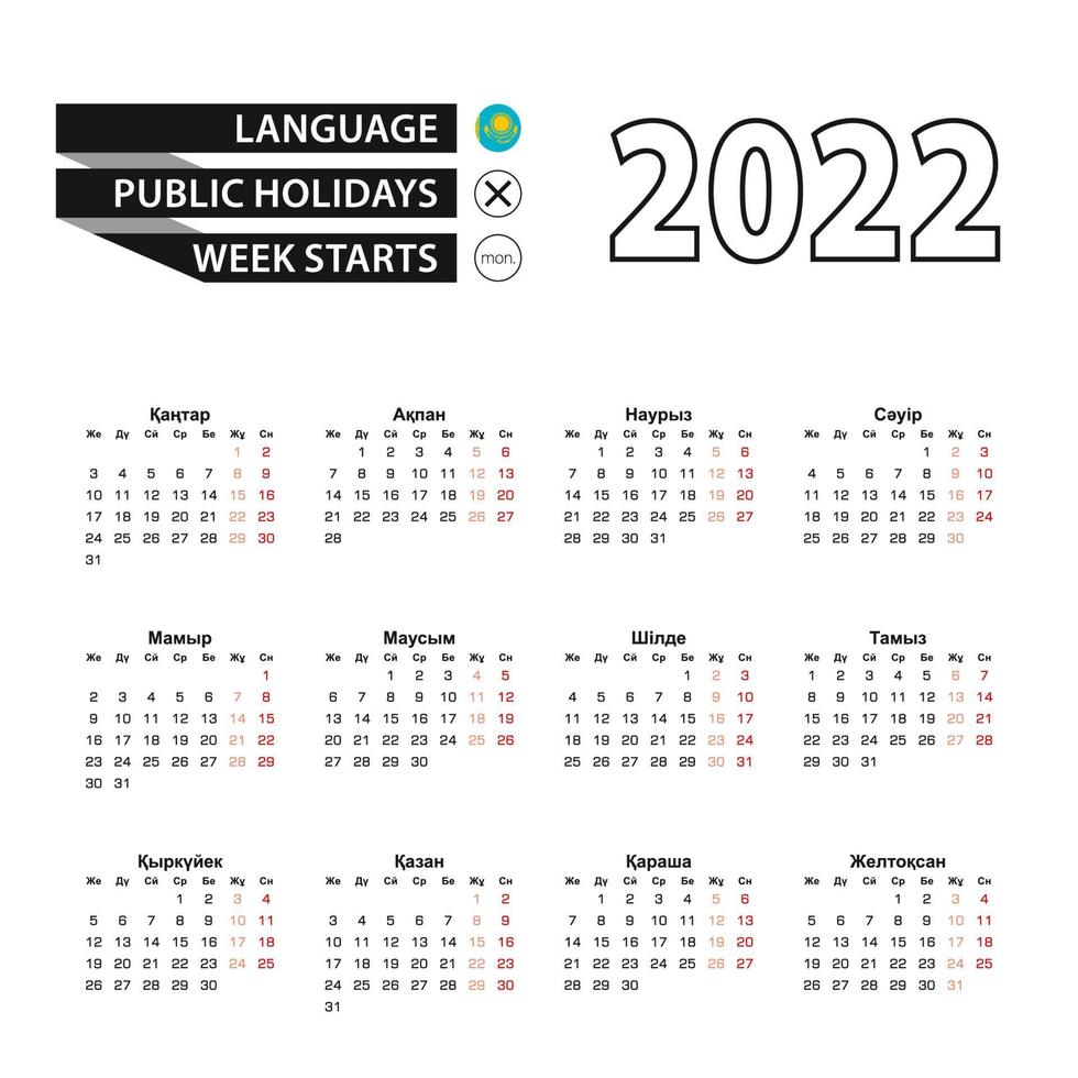Calendar 2022 in Kazakh language, week starts on Monday. vector