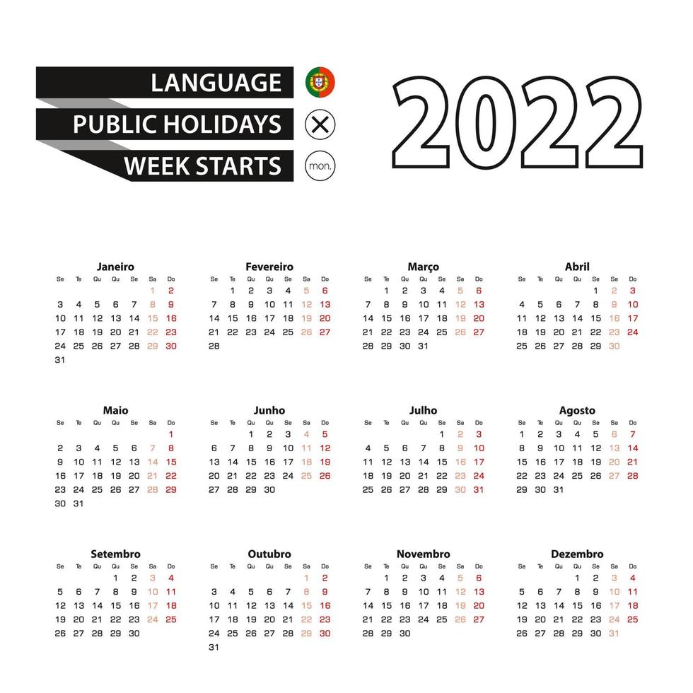 calendario 2022 en portugués, la semana comienza el lunes. vector