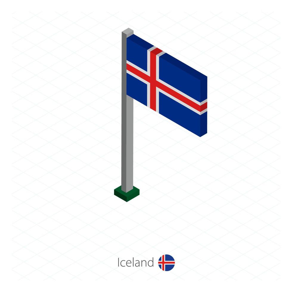 Iceland Flag on Flagpole in Isometric dimension. vector