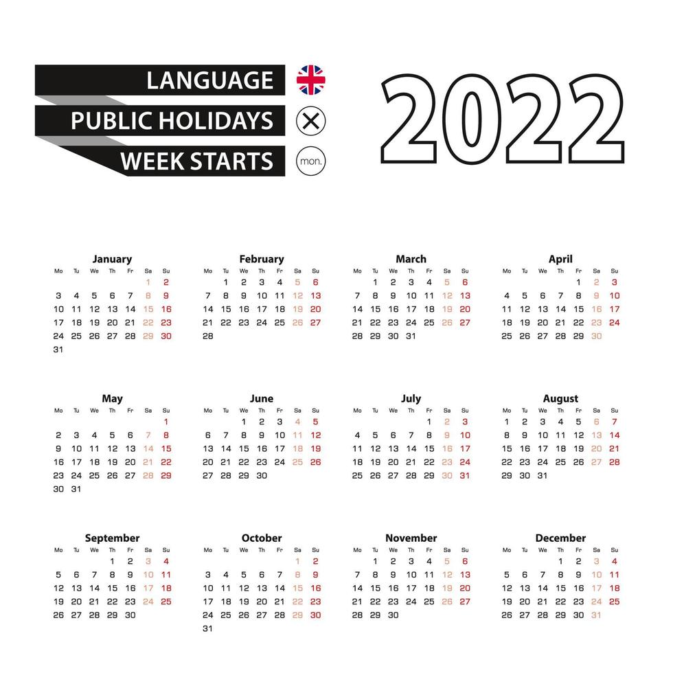 Calendar 2022 in English language, week starts on Monday. vector