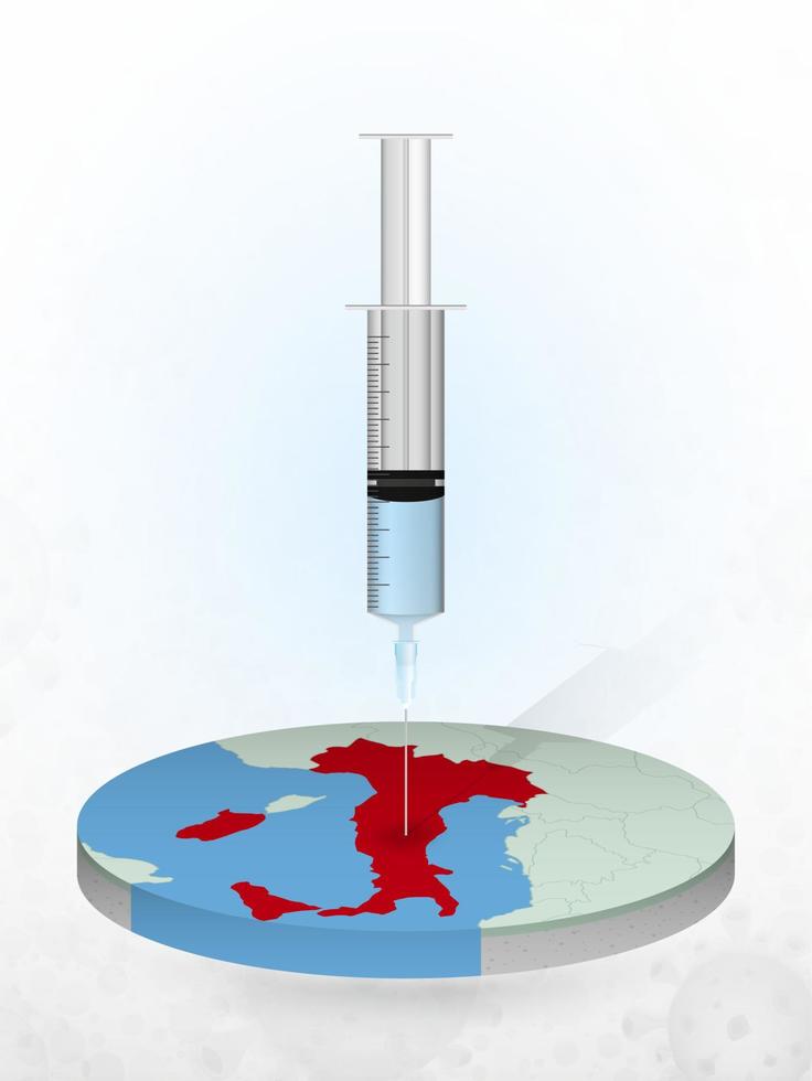 vacunación de italia, inyección de una jeringa en un mapa de italia. vector