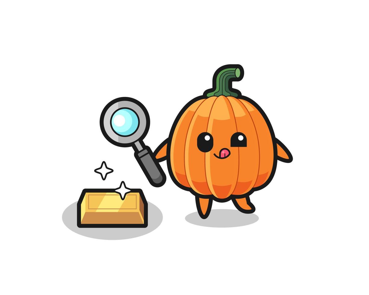 pumpkin character is checking the authenticity of the gold bullion vector