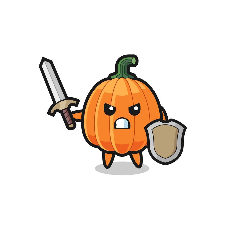 cute pumpkin soldier fighting with sword and shield vector