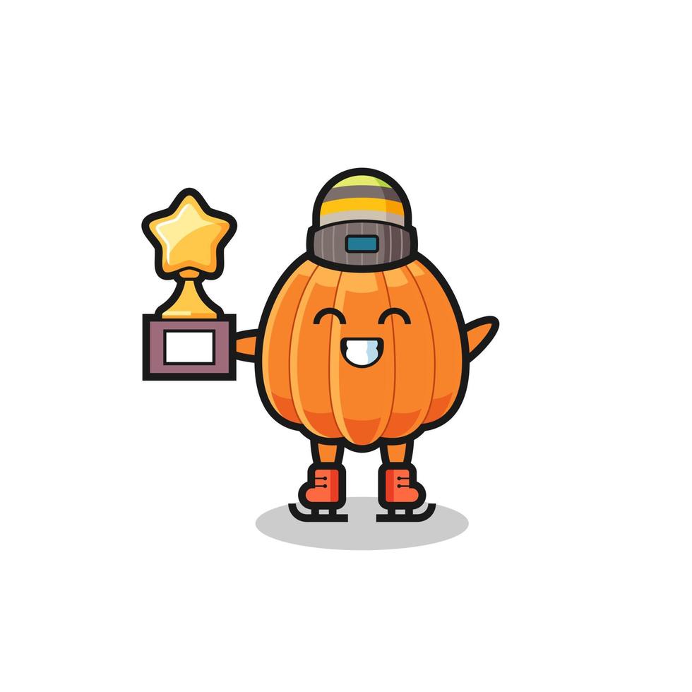 pumpkin cartoon as an ice skating player hold winner trophy vector