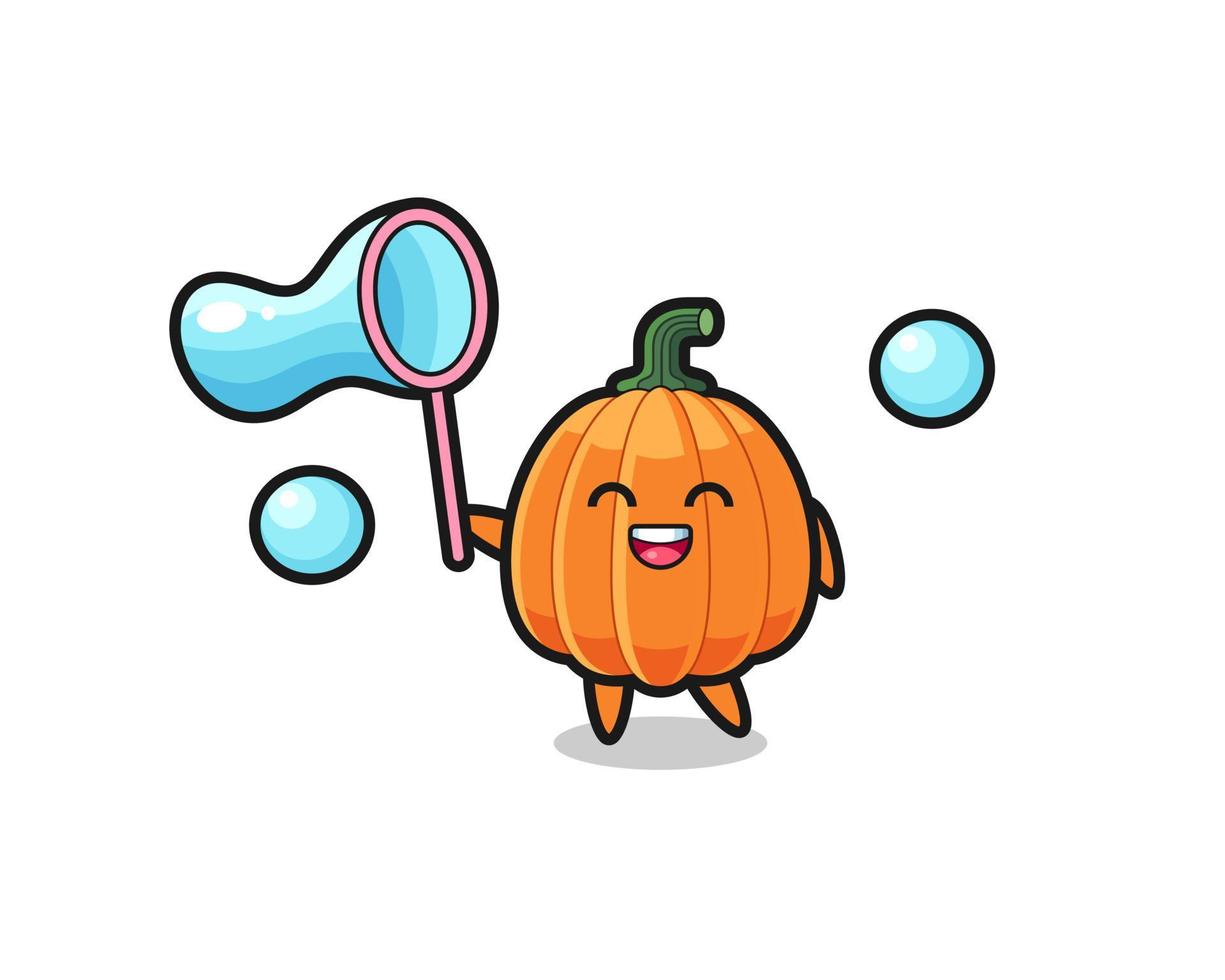 happy pumpkin cartoon playing soap bubble vector