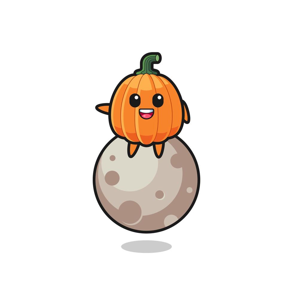 illustration of pumpkin cartoon sitting on the moon vector