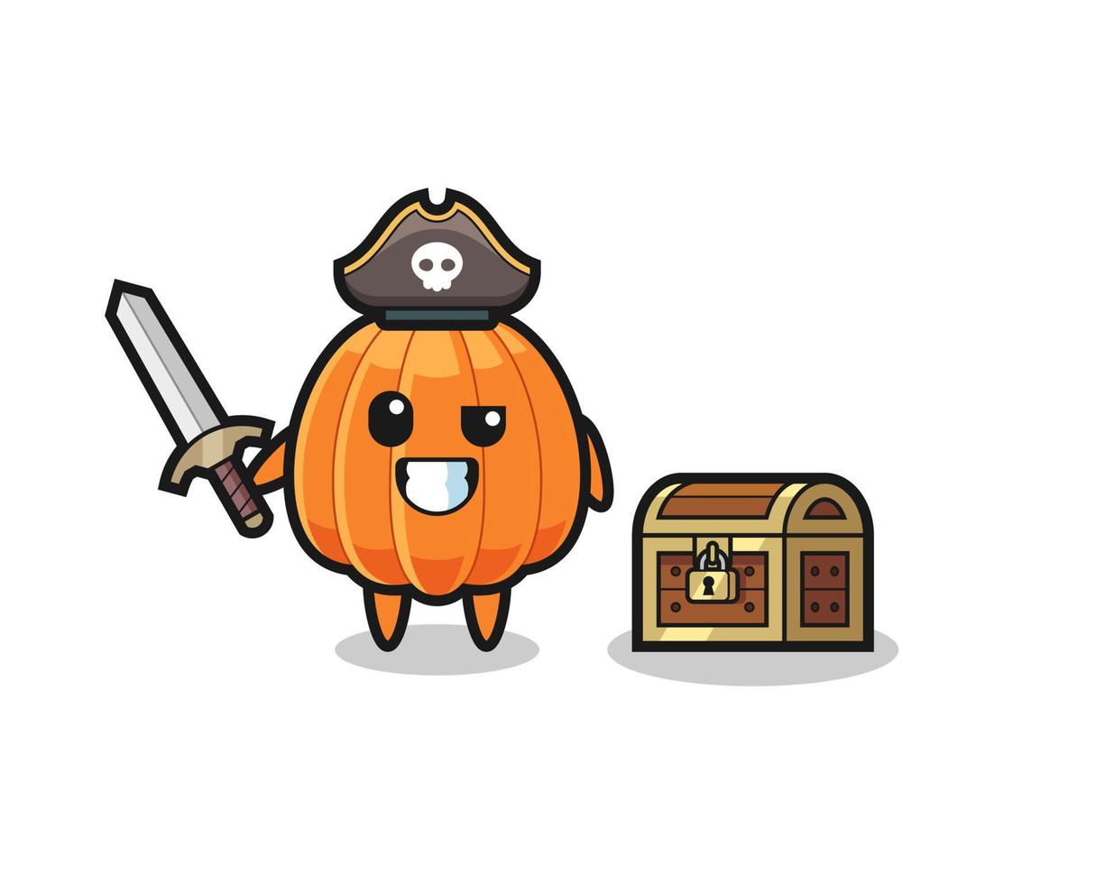 el personaje del pirata calabaza sosteniendo una espada al lado de una caja del tesoro vector
