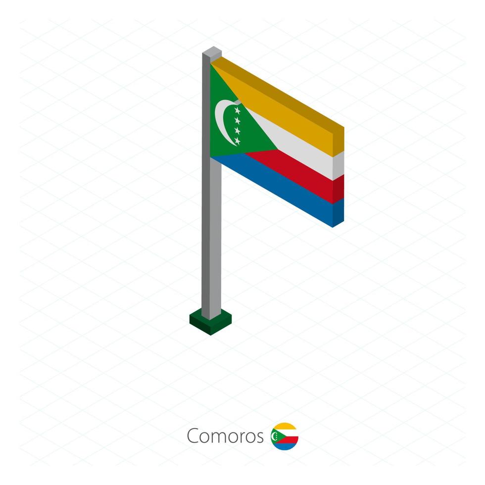 Comoros Flag on Flagpole in Isometric dimension. vector