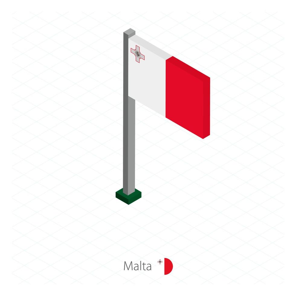 bandera de malta en asta de bandera en dimensión isométrica. vector