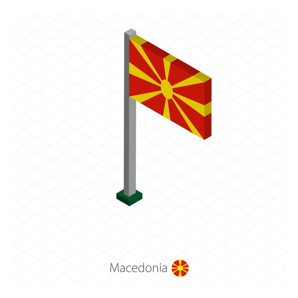 bandera de macedonia en asta de bandera en dimensión isométrica. vector