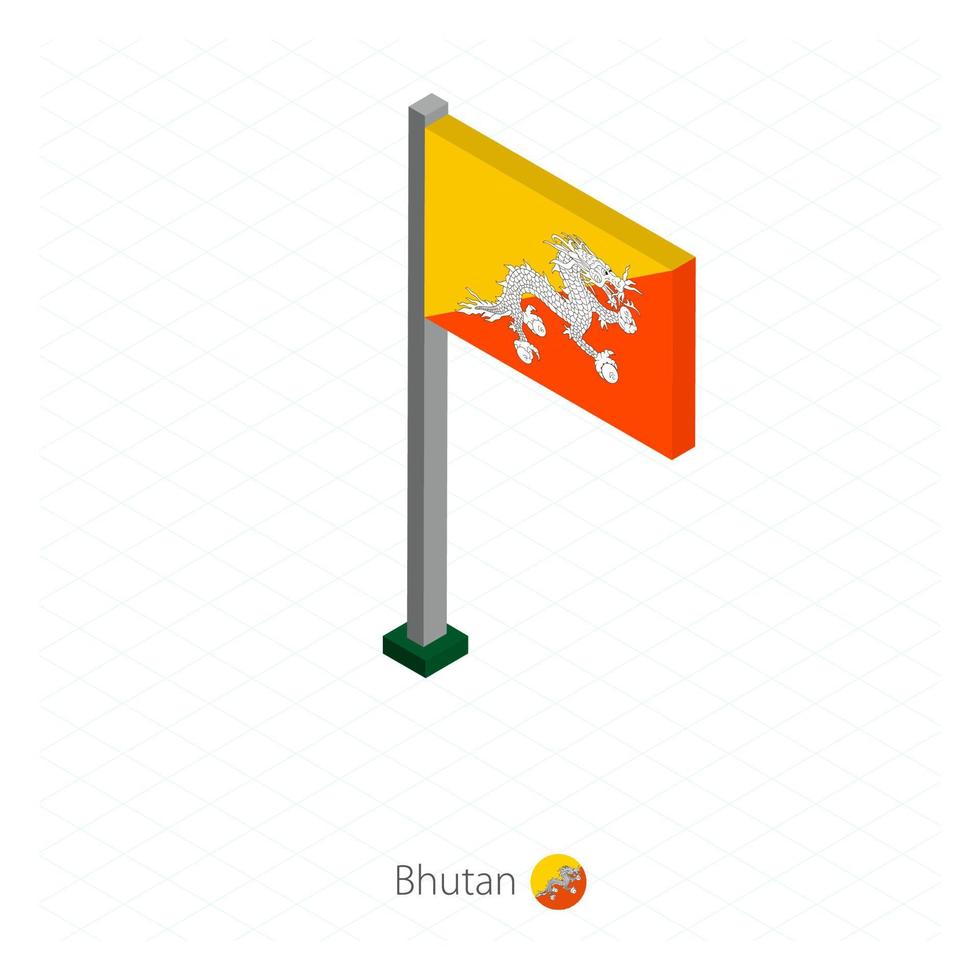 bandera de bután en asta de bandera en dimensión isométrica. vector