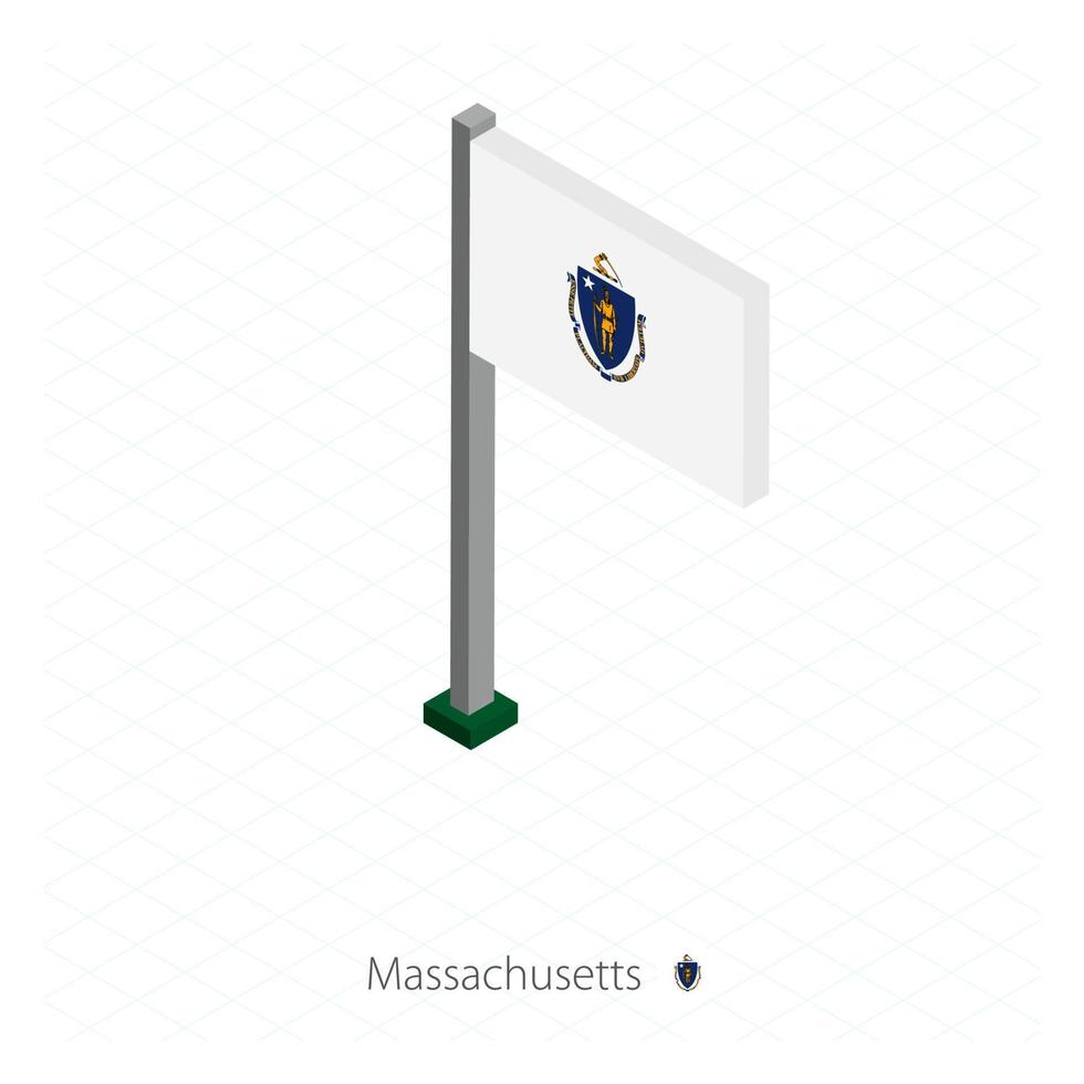 Massachusetts US state flag on flagpole in isometric dimension. vector