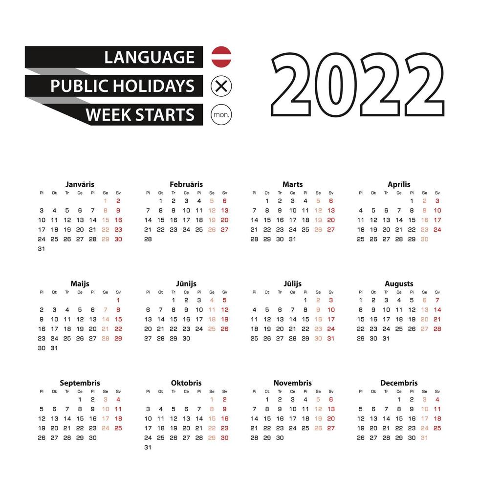Calendar 2022 in Latvian language, week starts on Monday. vector