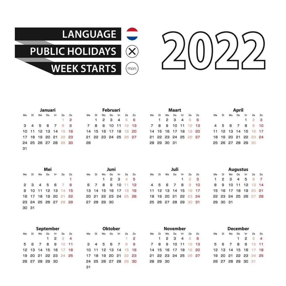Calendar 2022 in Dutch language, week starts on Monday. vector