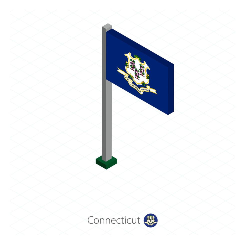 Connecticut US state flag on flagpole in isometric dimension. vector