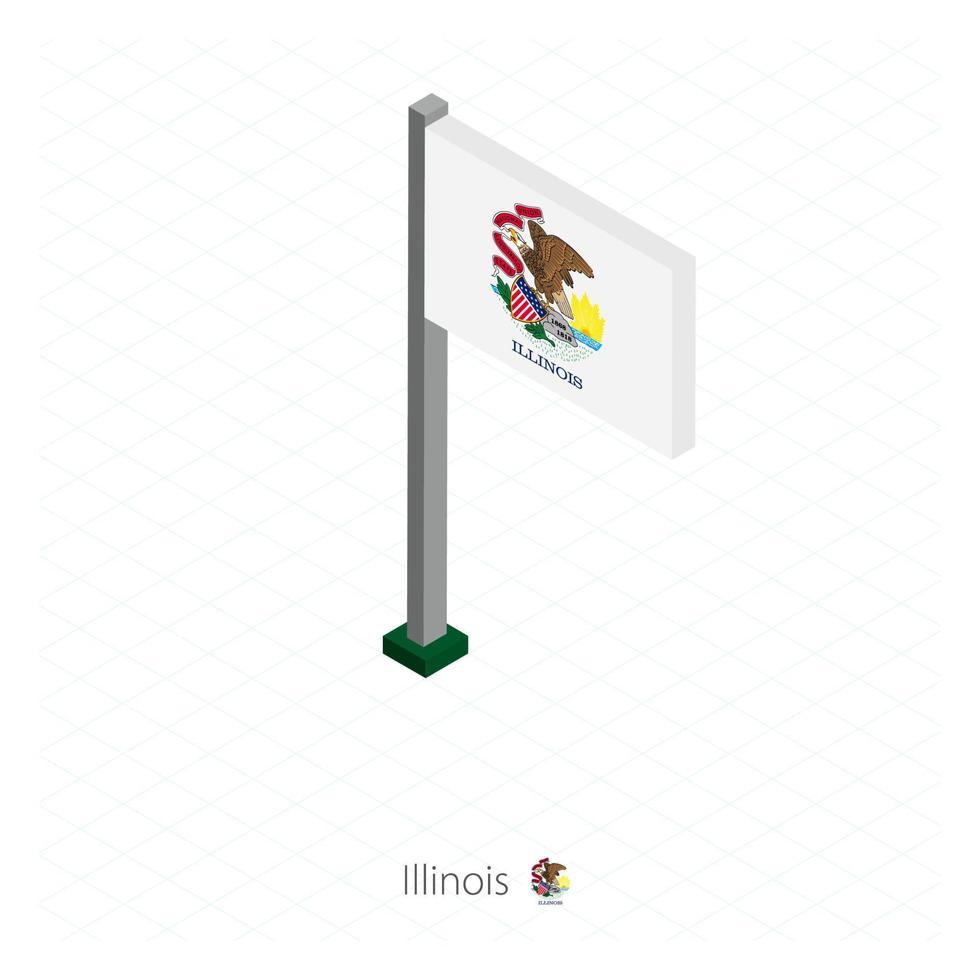 Illinois US state flag on flagpole in isometric dimension. vector