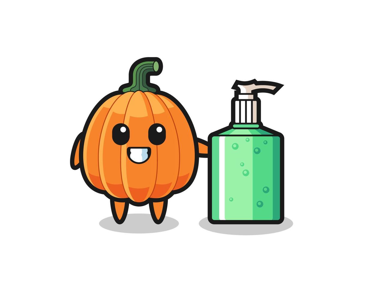 cute pumpkin cartoon with hand sanitizer vector