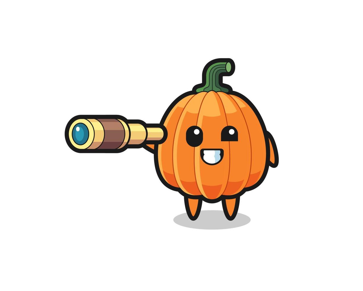 cute pumpkin character is holding an old telescope vector