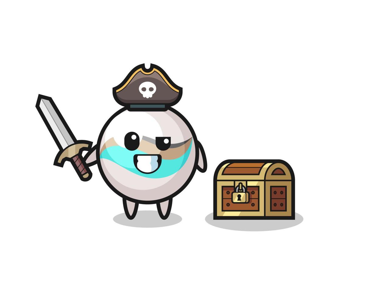 el personaje pirata de juguete de mármol sosteniendo una espada al lado de una caja del tesoro vector