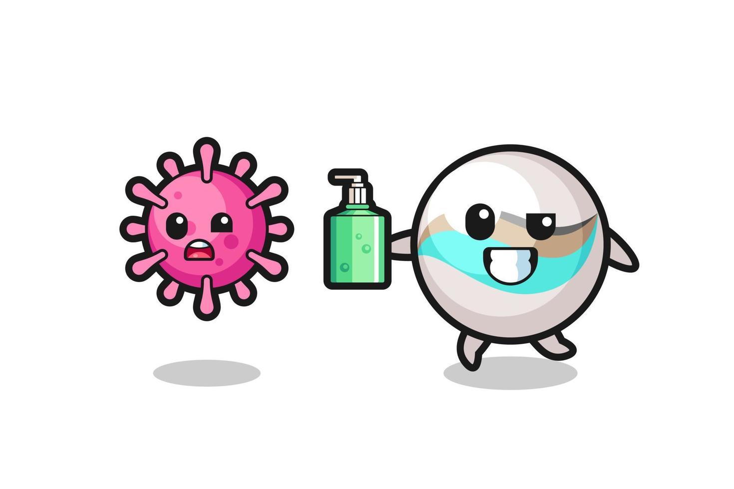 ilustración del personaje de juguete de mármol persiguiendo virus malvados con desinfectante de manos vector