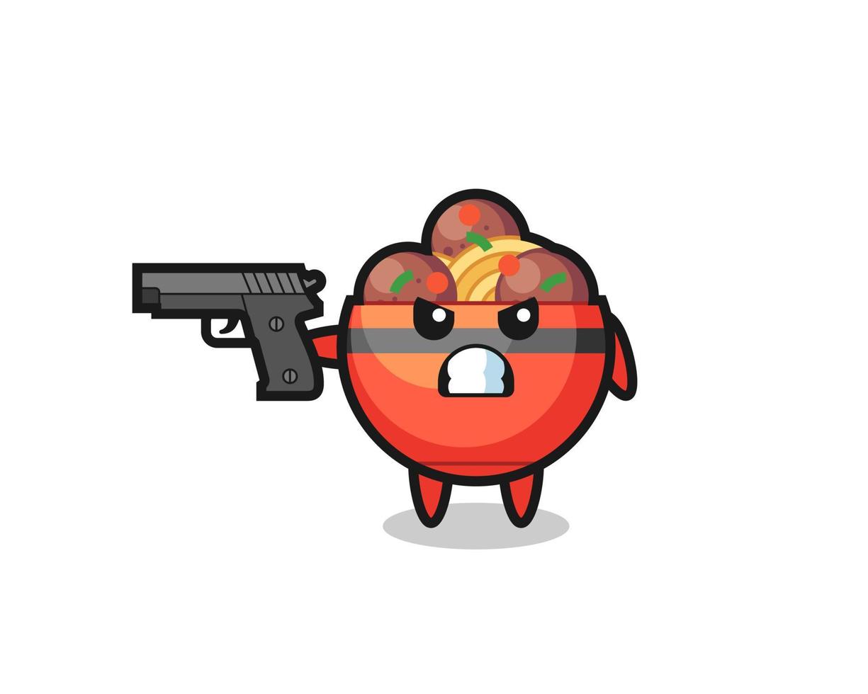 the cute meatball bowl character shoot with a gun vector