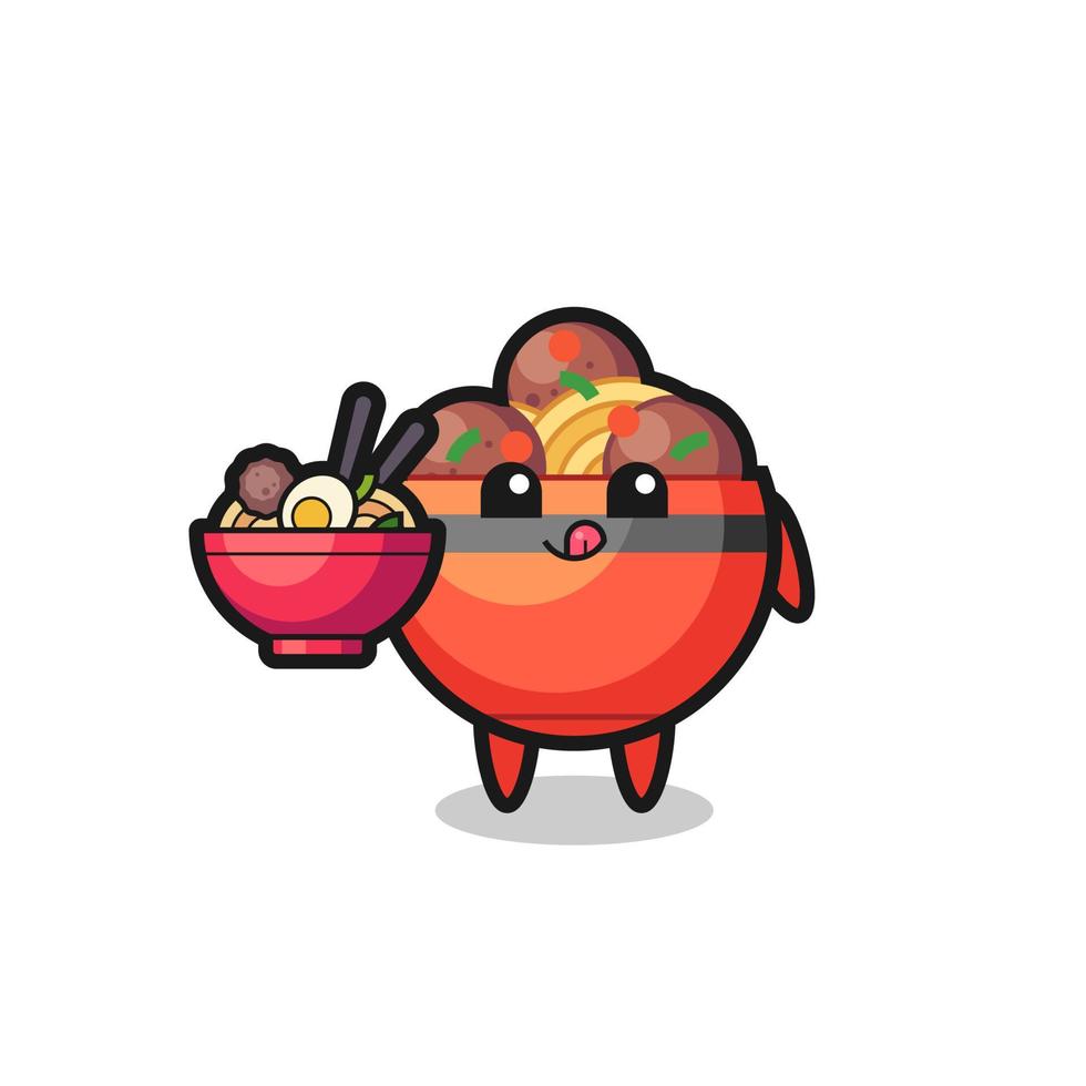 cute meatball bowl character eating noodles vector